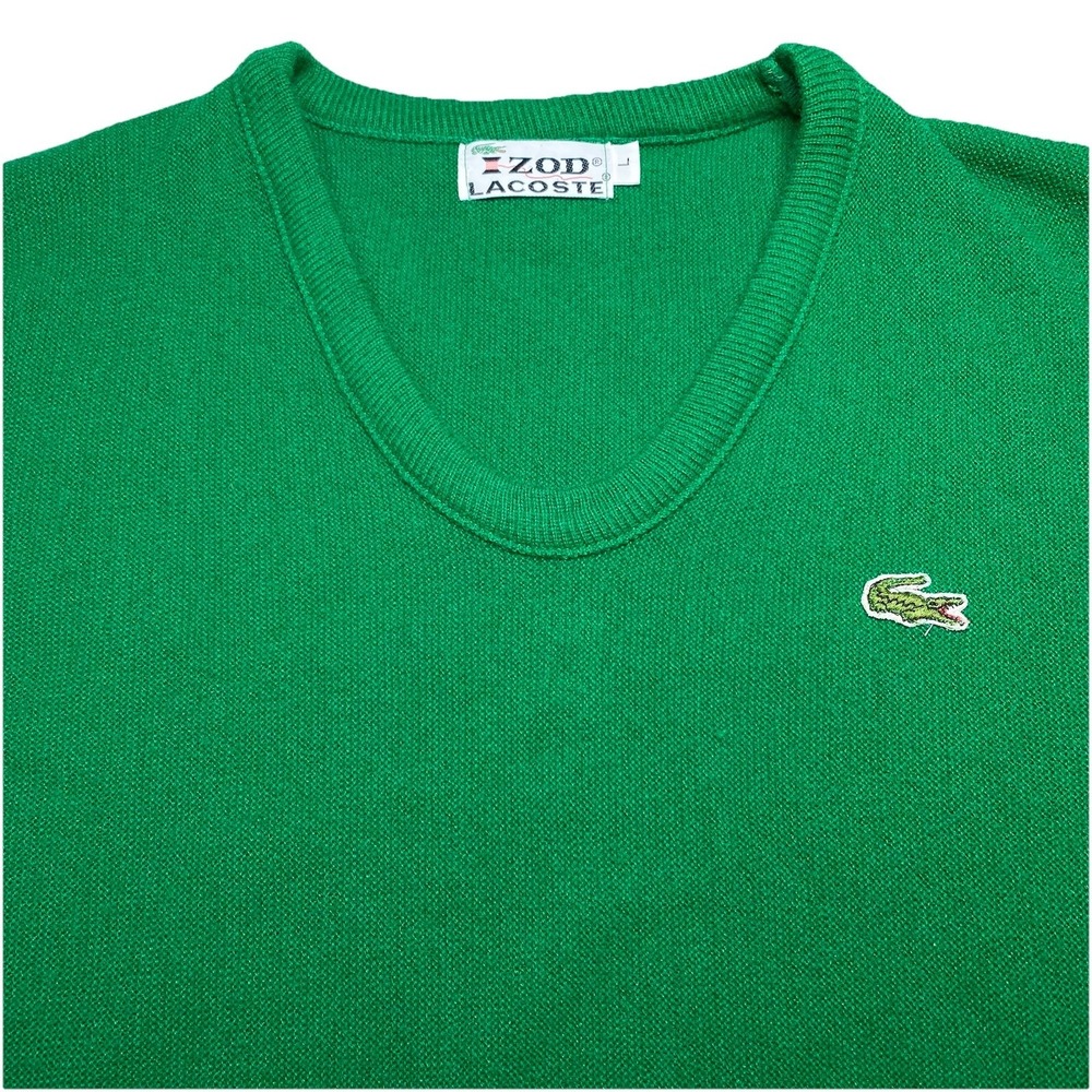 80s IZOD Lacoste V Neck Sweater L Mens Green Orlon Acrylic Tennis Preppy